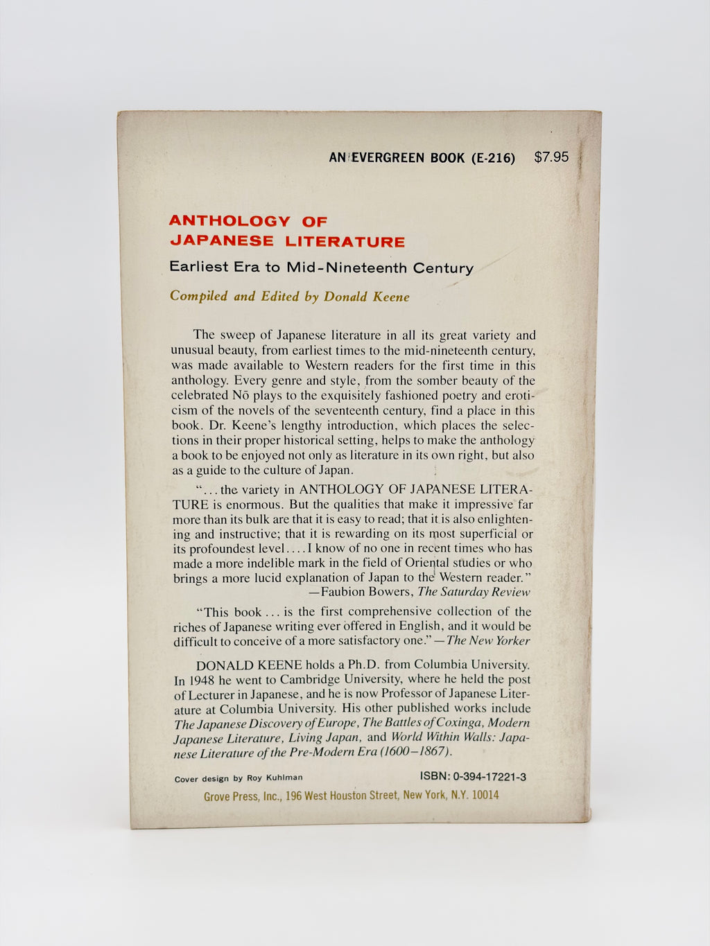 Grove Press Anthology of Japanese Literature compiled and edited by Donald Keene
